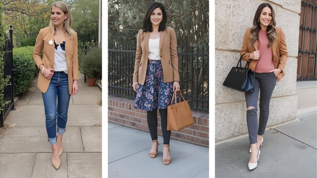 What to wear with a tan blazer shown through three women styling tan blazers with jeans, a skirt, and grey pants.