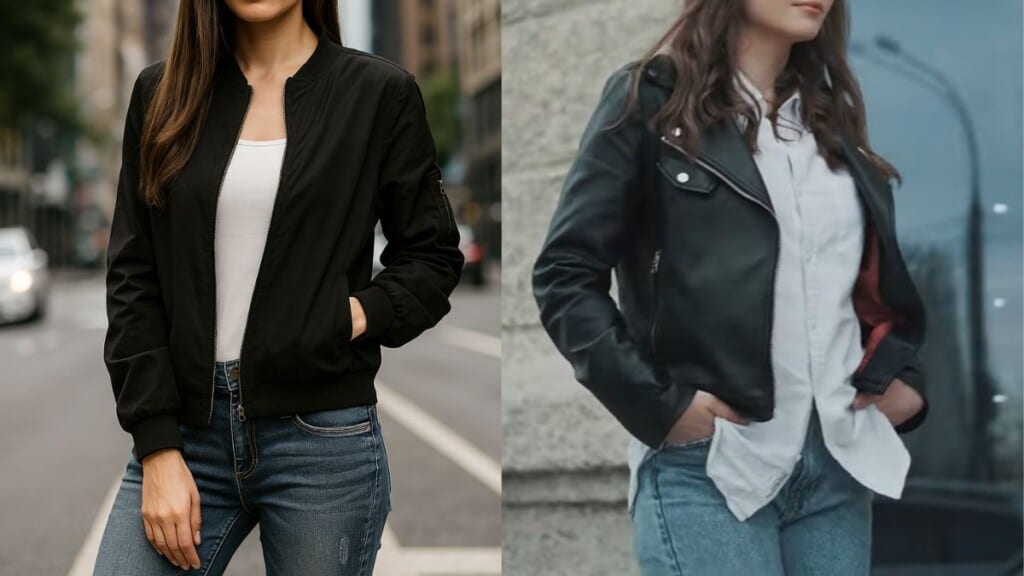 Two women wearing bomber and leather jackets, showing style differences for a Bomber Jackets vs Leather Jackets comparison.