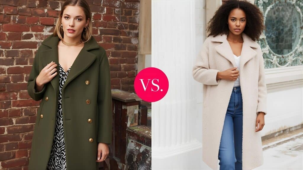 Double-breasted coat vs single-breasted coat for women – side-by-side comparison showing an olive green double-breasted coat with gold buttons on the left and a cream single-breasted long coat styled with jeans on the right.