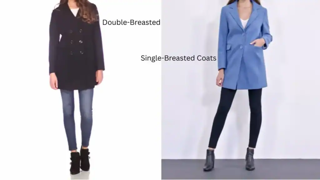 Two women wearing a black double-breasted and a blue single-breasted coat showing design contrast.