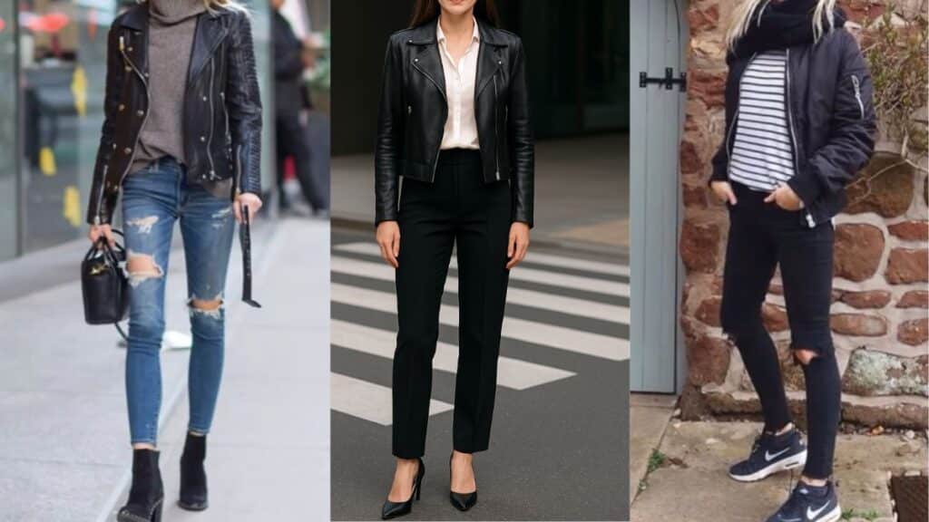 How to style a leather jacket for women featuring ripped jeans, business trousers, and striped tees.