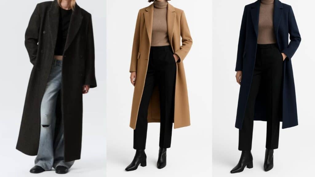 Three outfits showing how to style a long coat for women, featuring charcoal, camel, and navy coat looks for modern fashion.