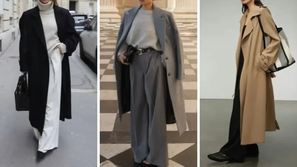 How to style a long coat for women featuring chic outfits in black, gray, and beige tones for elegant winter looks