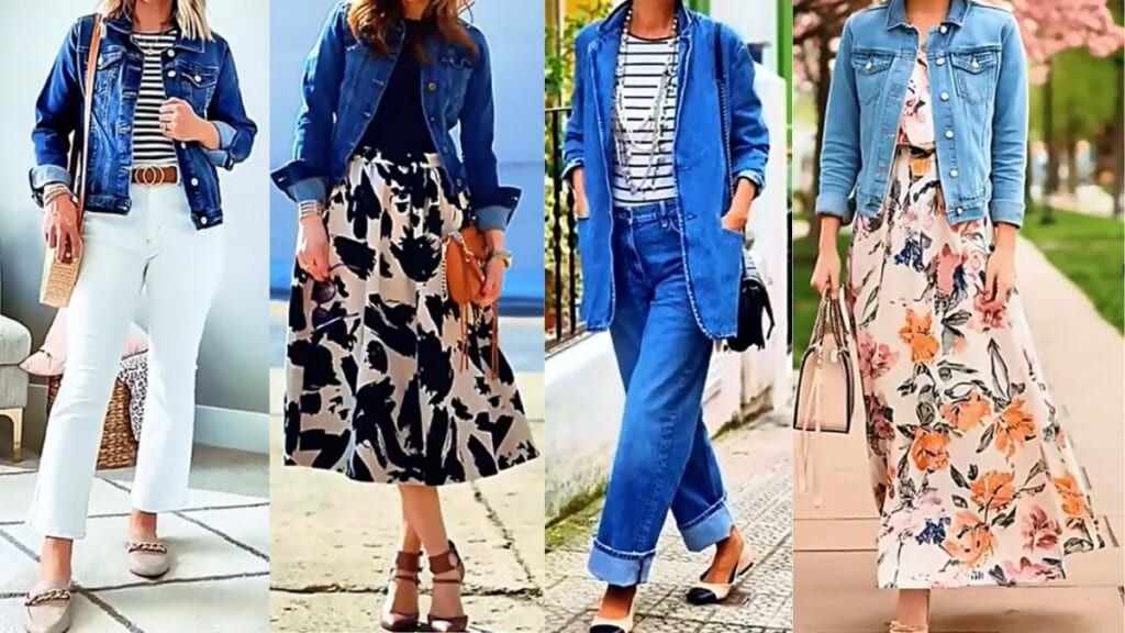 Women styling denim jackets with white jeans, patterned midi skirts, blue jeans, and floral maxi dresses for chic outfit ideas.