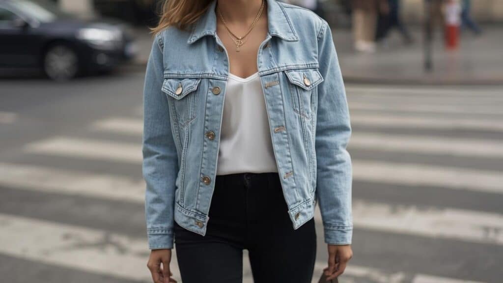 A woman in a light-blue denim jacket with black skinny jeans and ankle boots, showing what bottoms to wear with a denim jacket
