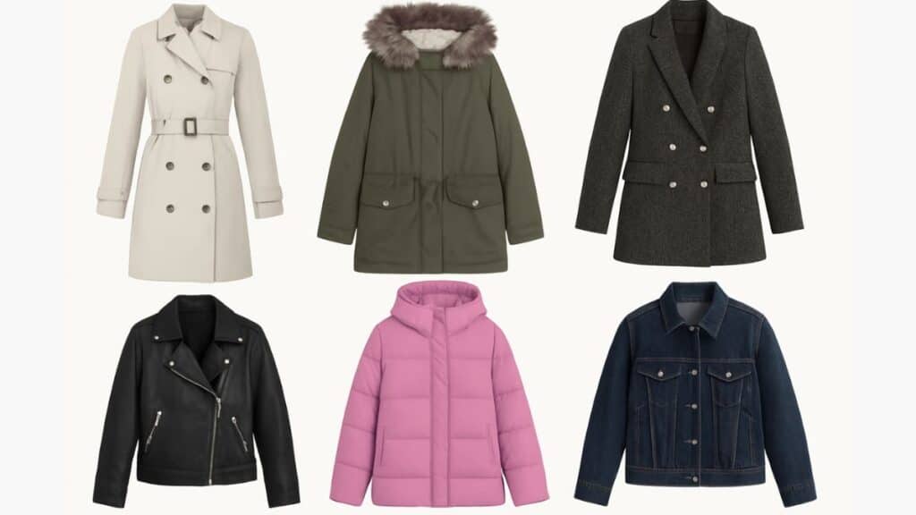 Types of Jackets Every Woman Should Own displayed through six trendy styles like trench, puffer, blazer, and denim.