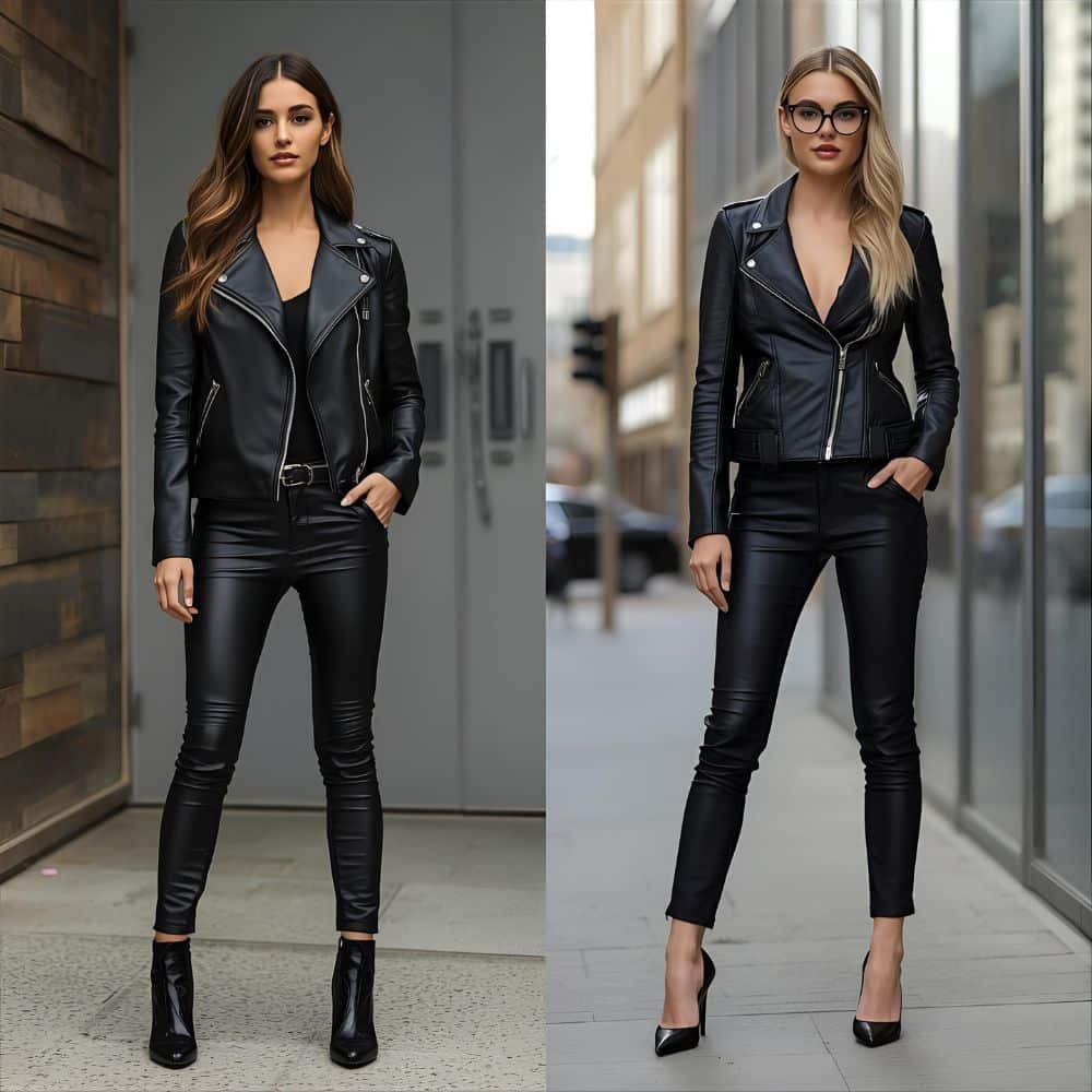 Two women standing side by side wearing black leather jackets, showcasing the Biker Jacket vs Moto Jacket style differences – which one should you buy