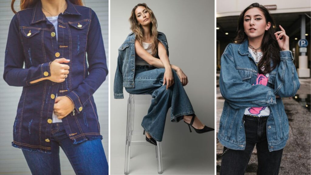 Three women wearing different styles of denim jackets, including a slim dark-wash design, a relaxed mid-blue jacket with wide-leg jeans, and an oversized vintage-inspired denim jacket, showcasing the best denim jackets for women.