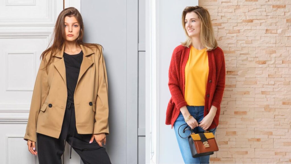 Blazers vs cardigans comparison showing a woman in a beige tailored blazer and another wearing a cardigan with a casual work outfit.