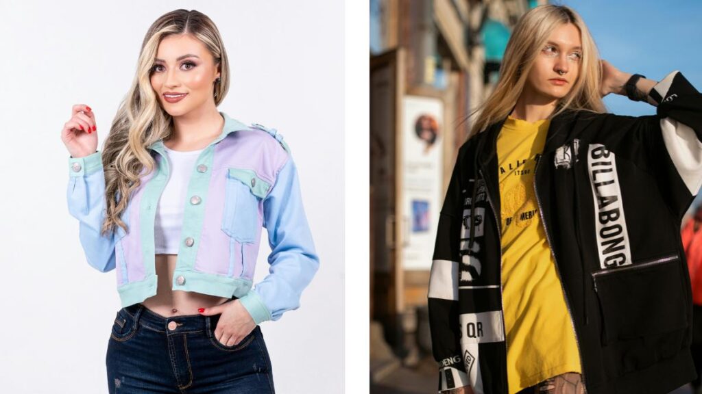 Cropped jacket vs oversized jacket comparison showing a pastel cropped denim jacket on the left and a black oversized streetwear jacket on the right.