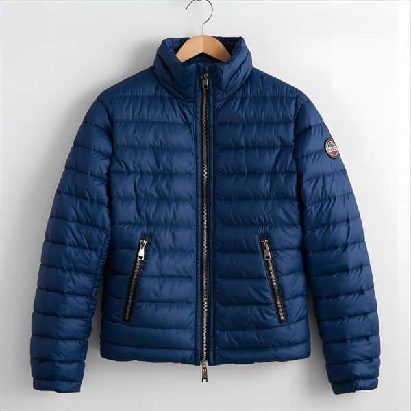 Blue quilted jacket hanging on a wooden hanger, illustrating how to care for quilted jackets and protect the fabric and insulation.