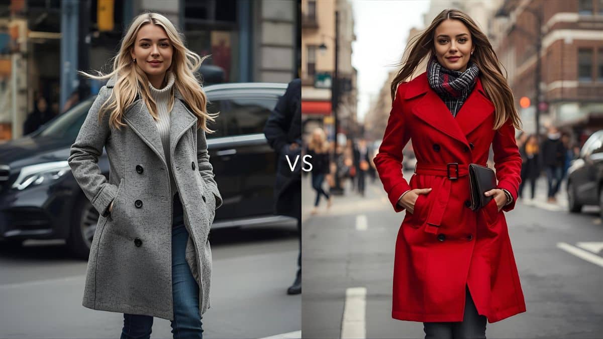 Side-by-side image showing a grey peacoat and a red trench coat worn by two women, illustrating the key style differences in the Peacoat vs Trench Coat comparison.