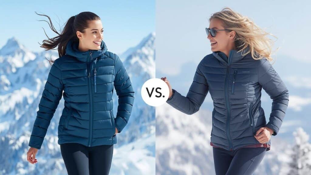 Puffer jacket vs padded jacket comparison showing two women wearing insulated winter jackets in a snowy mountain setting, highlighting differences in quilted design, fit, and cold-weather performance.