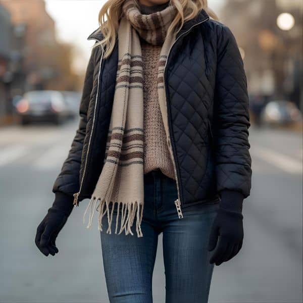 A woman wearing a black quilted jacket styled with blue jeans, a cozy knit sweater, and a striped scarf while walking in the city—showing how to style quilted jackets with jeans for a casual winter look.