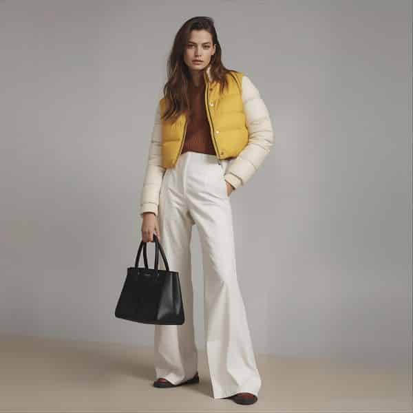 Woman wearing a yellow quilted jacket with wide-leg white pants, styled with a brown sweater and black handbag, showing how to style quilted jackets with wide-leg pants.