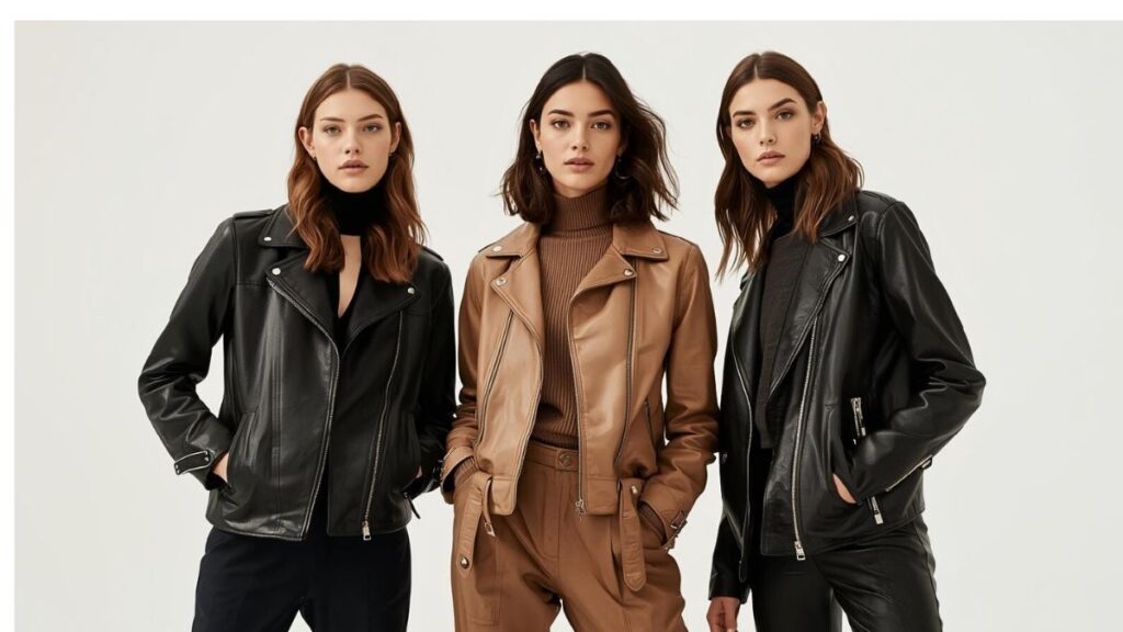 Three women wearing stylish faux leather jackets in black and brown, showcasing modern women’s outerwear styles
