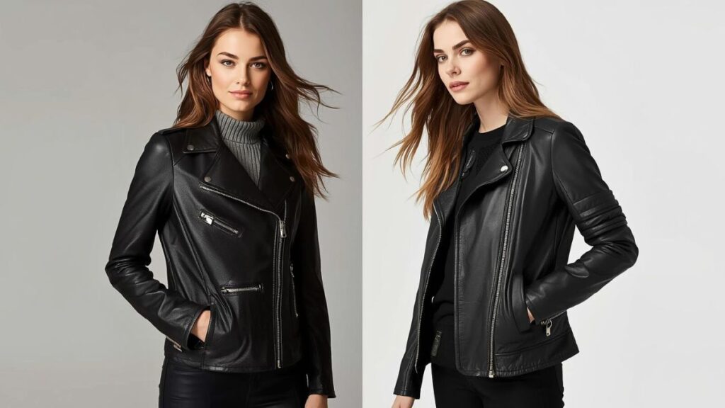 Side-by-side comparison of a woman wearing a leather jacket and a faux leather jacket, highlighting texture, fit, and finish differences