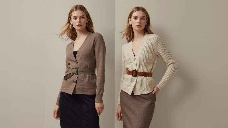 Woman wearing a ribbed fitted top under a belted cardigan, styled with a midi skirt for a polished, smart-casual look.
