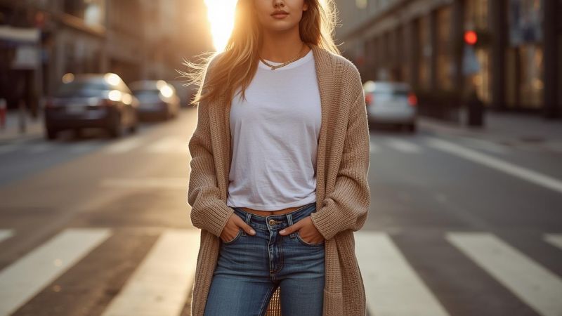 White t-shirt and blue jeans styled with an oversized cardigan for a relaxed casual women’s outfit