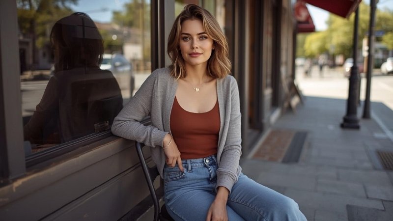 Woman wearing a rust tank top under a light gray cropped cardigan styled with high-waisted blue jeans for a casual street outfit