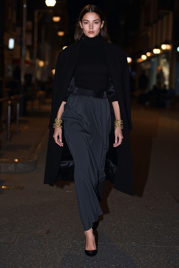 How to Style a Turtleneck Sweater for Women 6 Black turtleneck styled with a long black coat, satin wrap skirt, and ankle boots, accented with gold jewelry for a sleek monochrome evening look