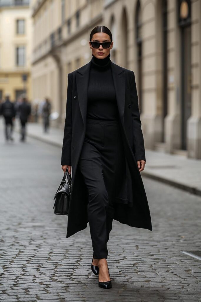 How to Style a Turtleneck Sweater for Women 5 Woman wearing a black turtleneck layered under a long structured coat, styled in an elegant winter street-style outfit.