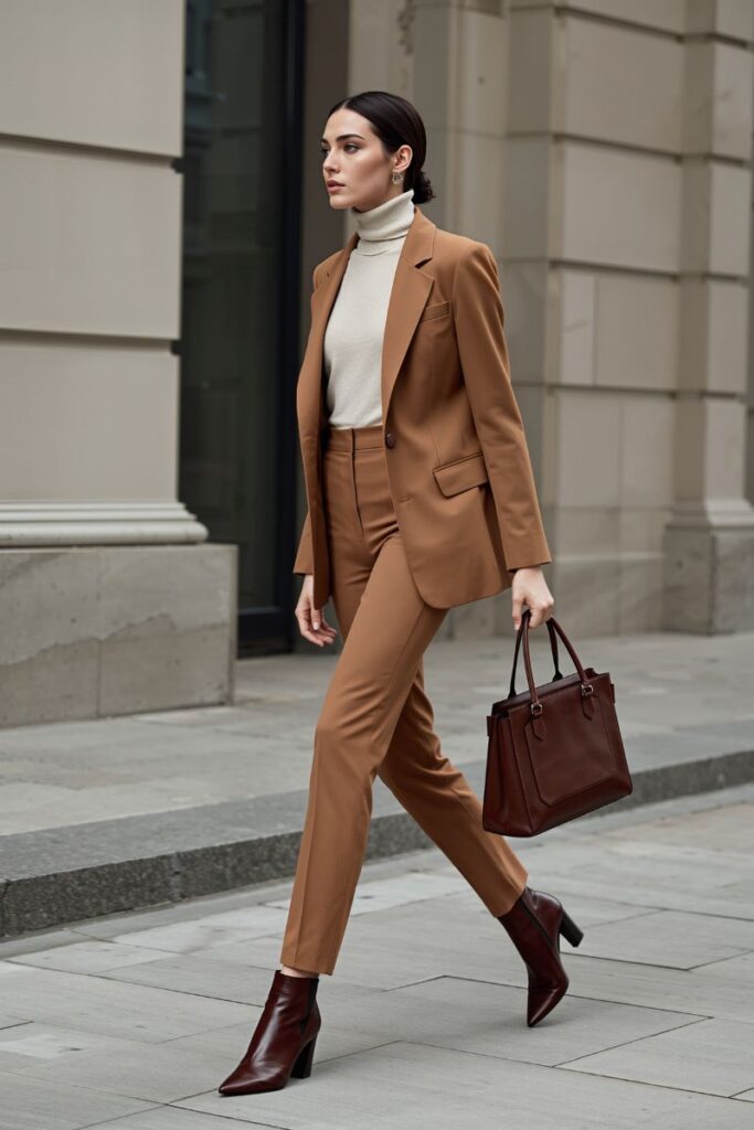 How to Style a Turtleneck Sweater for Women 4 Woman wearing a camel blazer layered over a white turtleneck sweater with matching tailored trousers and ankle boots, walking confidently in a stylish city street outfit.