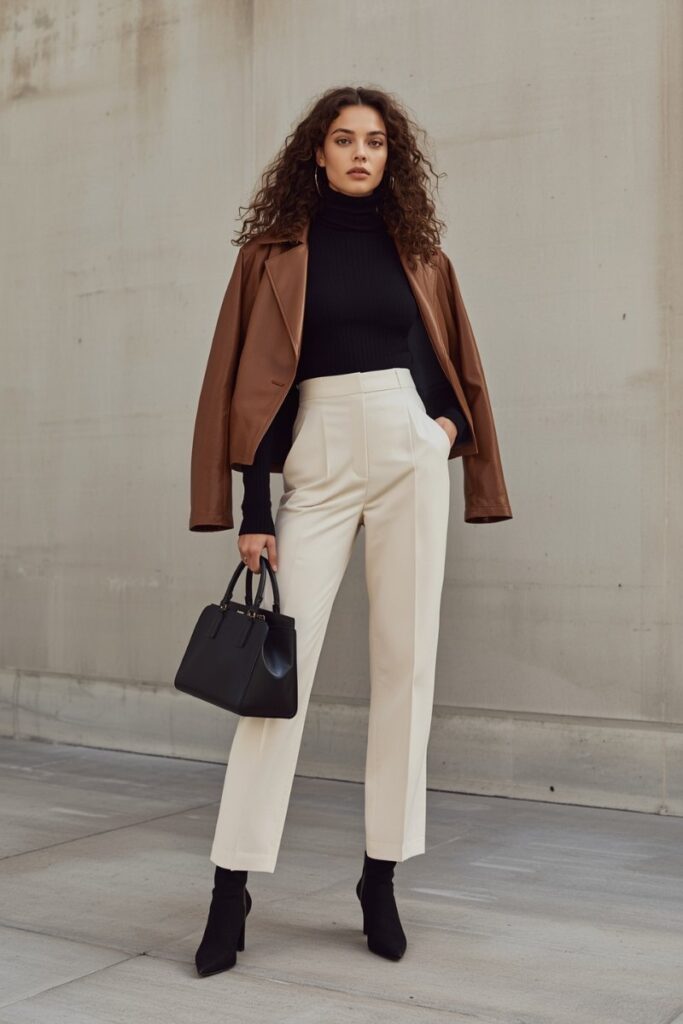 How to Style a Turtleneck Sweater for Women 7 Woman wearing a black turtleneck layered under a camel jacket with beige tailored trousers and black ankle boots, styled as a modern street-style outfit.
